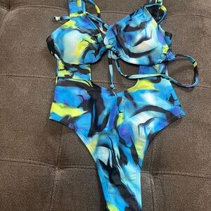 Blue & Yellow Abstract two-Piece Swimsuit